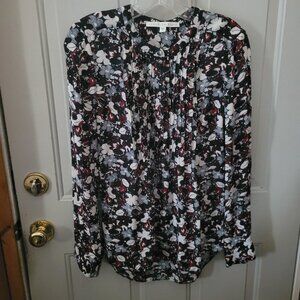 Lovely Veronica Beard Red & Black Floral Print Pleated Front Silk Blouse Size 8